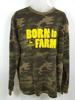John Deere Born To Farm Long Sleeve Camo Waffle Shirt Mens size Large